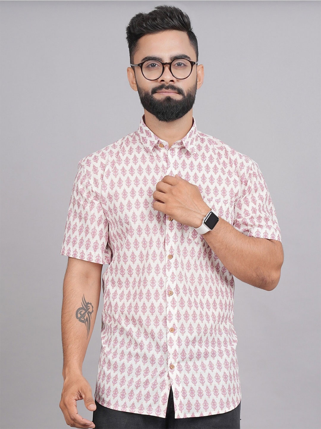 

LIVING ROOTS Comfort Ethnic Motifs Printed Casual Pure Cotton Shirt, Off white