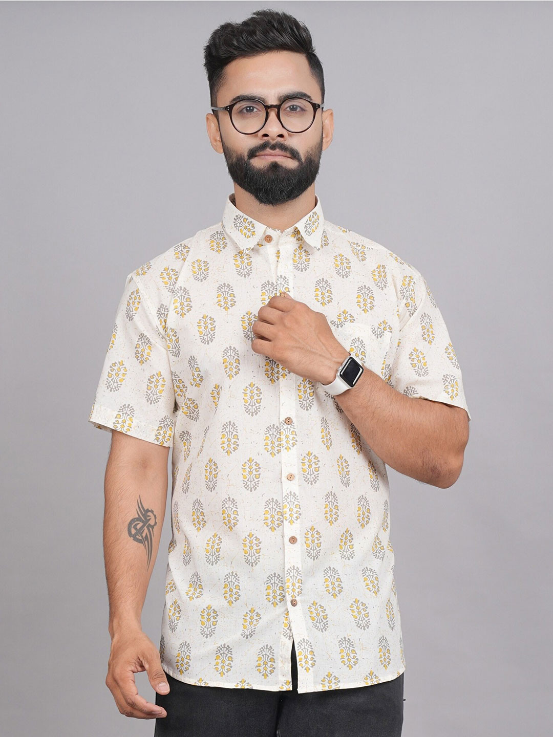 

LIVING ROOTS Comfort Ethnic Motif Printed Casual Pure Cotton Shirt, White