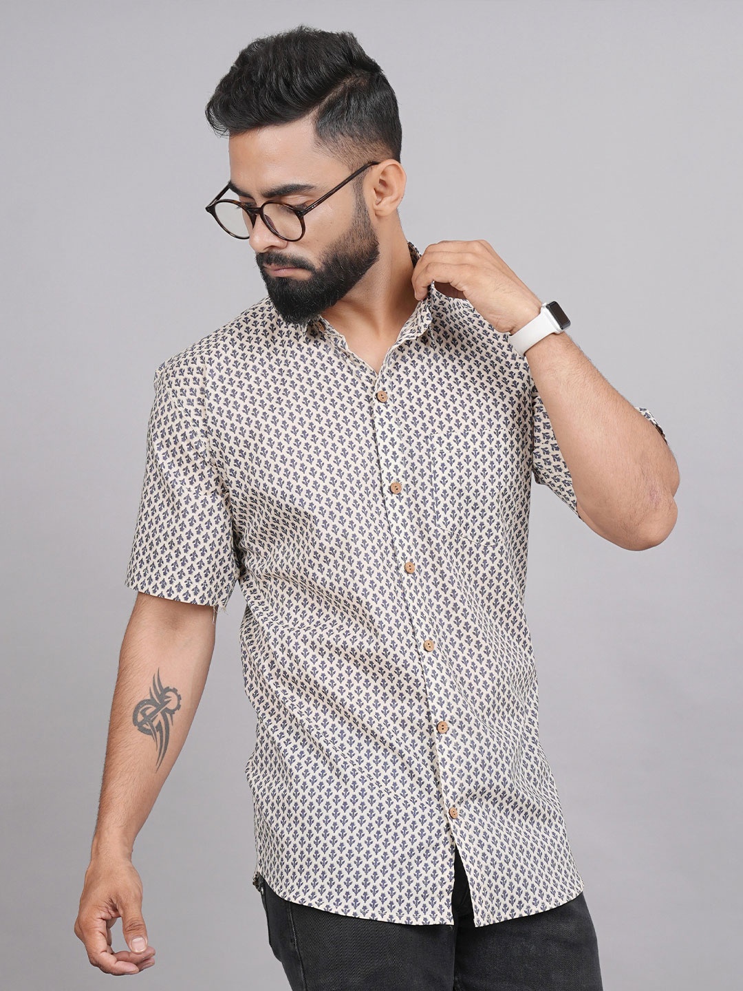 

LIVING ROOTS Comfort Ethnic Motifs Printed Casual Pure Cotton Shirt, Cream