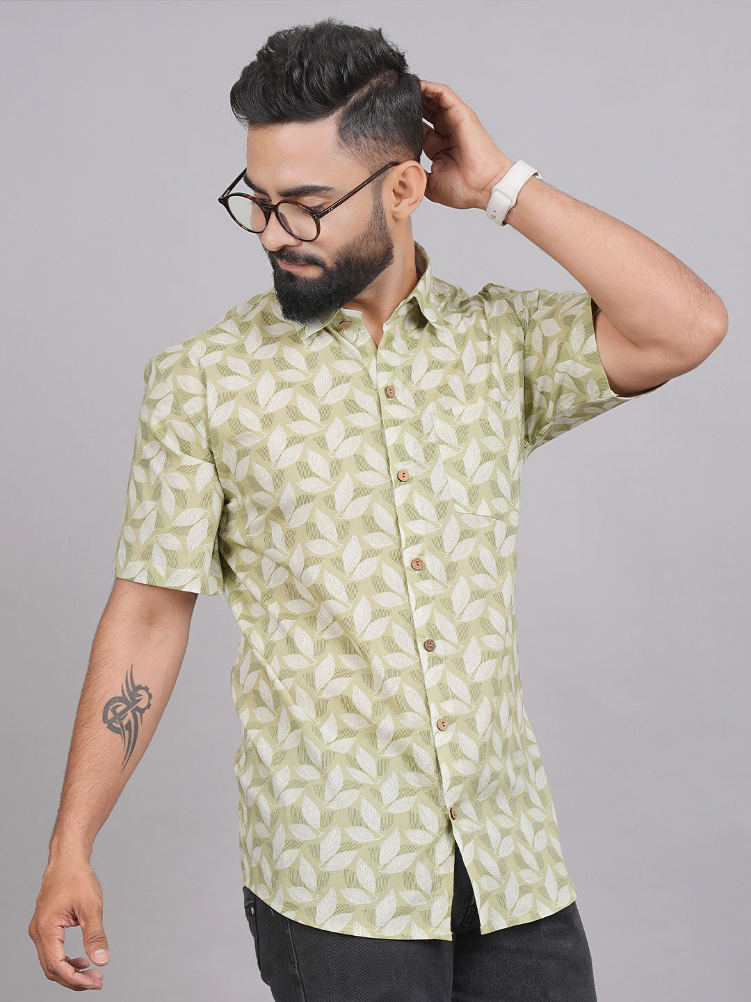 

LIVING ROOTS Comfort Floral Printed Casual Pure Cotton Shirt, Green