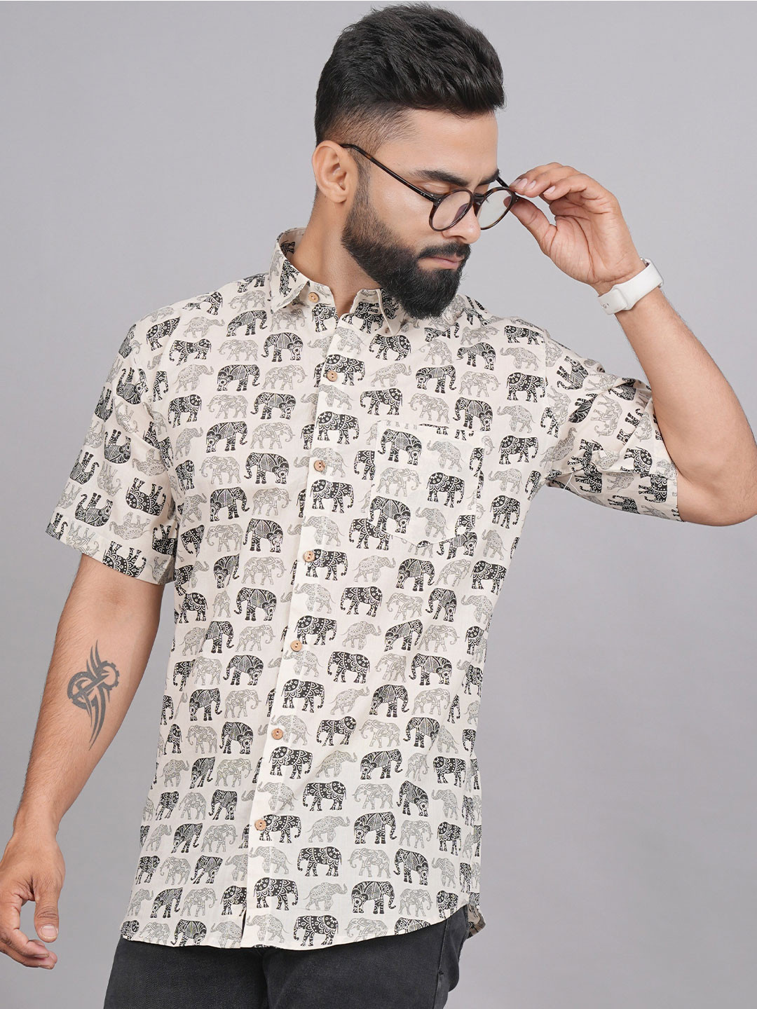 

LIVING ROOTS Comfort Ethnic Motifs Printed Casual Pure Cotton Shirt, Off white