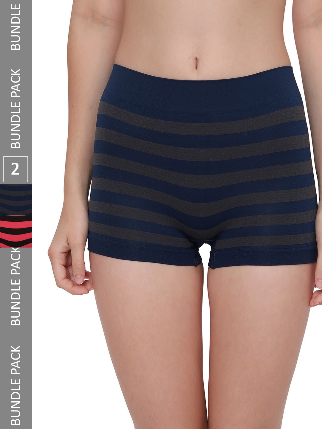 

PLUMBURY Women Pack Of 2 Striped Anti-Microbial Seamless Boy Shorts Briefs, Navy blue