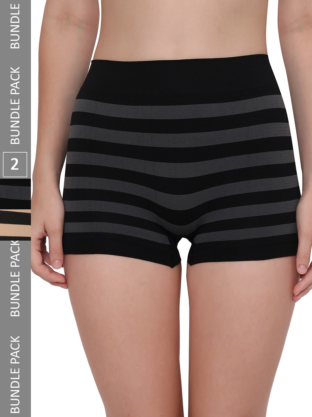 

PLUMBURY Women Pack of 2 Striped Boy Shorts, Black