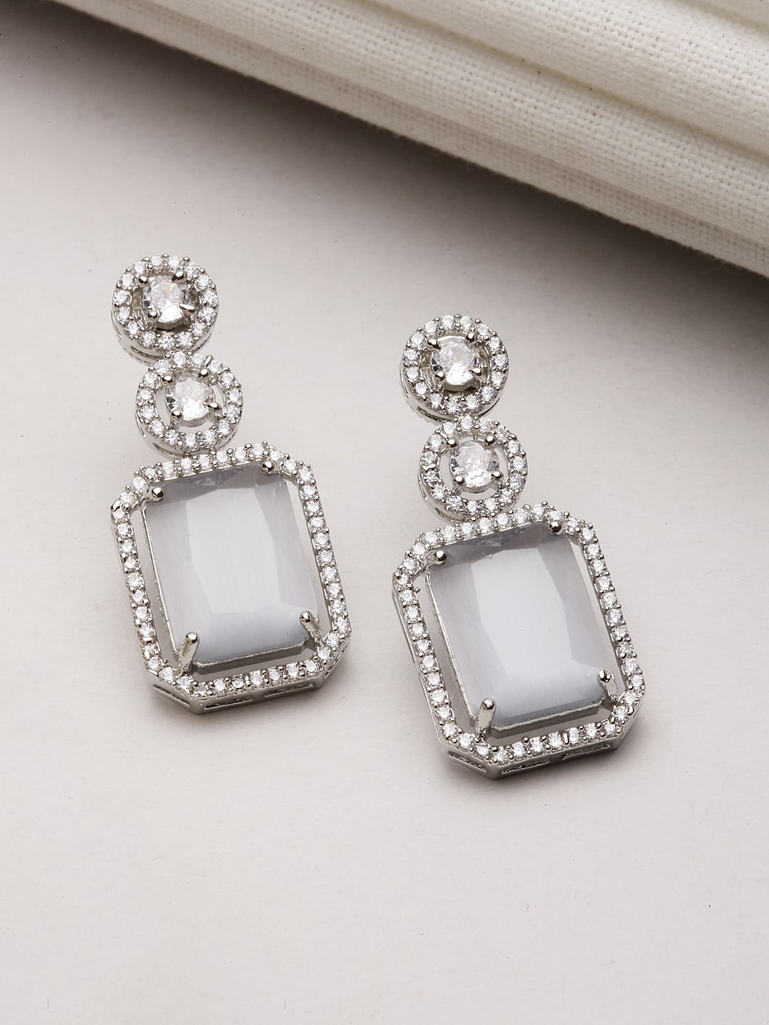 

Kennice Rhodium-Plated Geometric American Diamond Drop Earrings, Silver