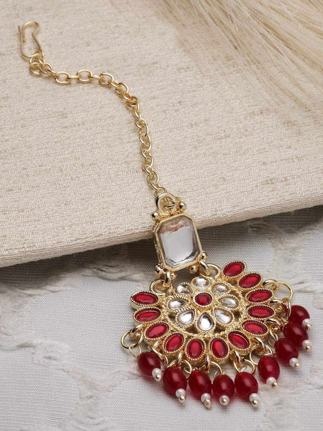 

Kennice Gold-Plated Kundan-Studded & Pearl Beaded Floral Shaped Maang Tikka
