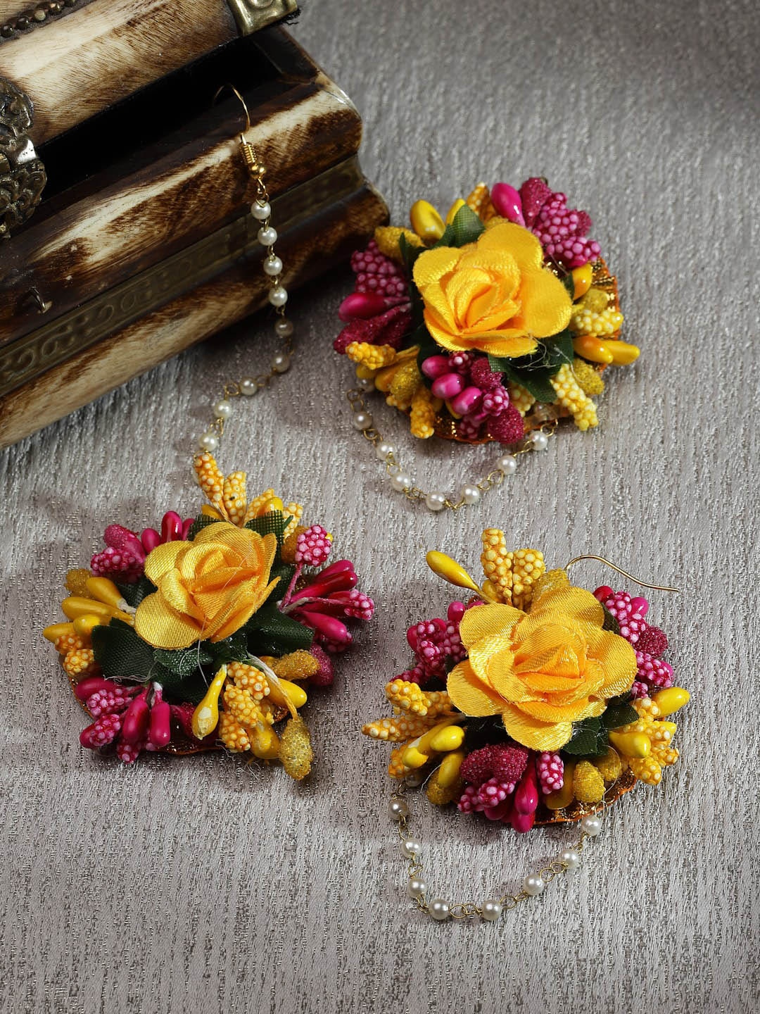 

Kennice Gold-Plated Gota Patti Flower Haldi Mehandi Maang Tikka with Earrings, Yellow