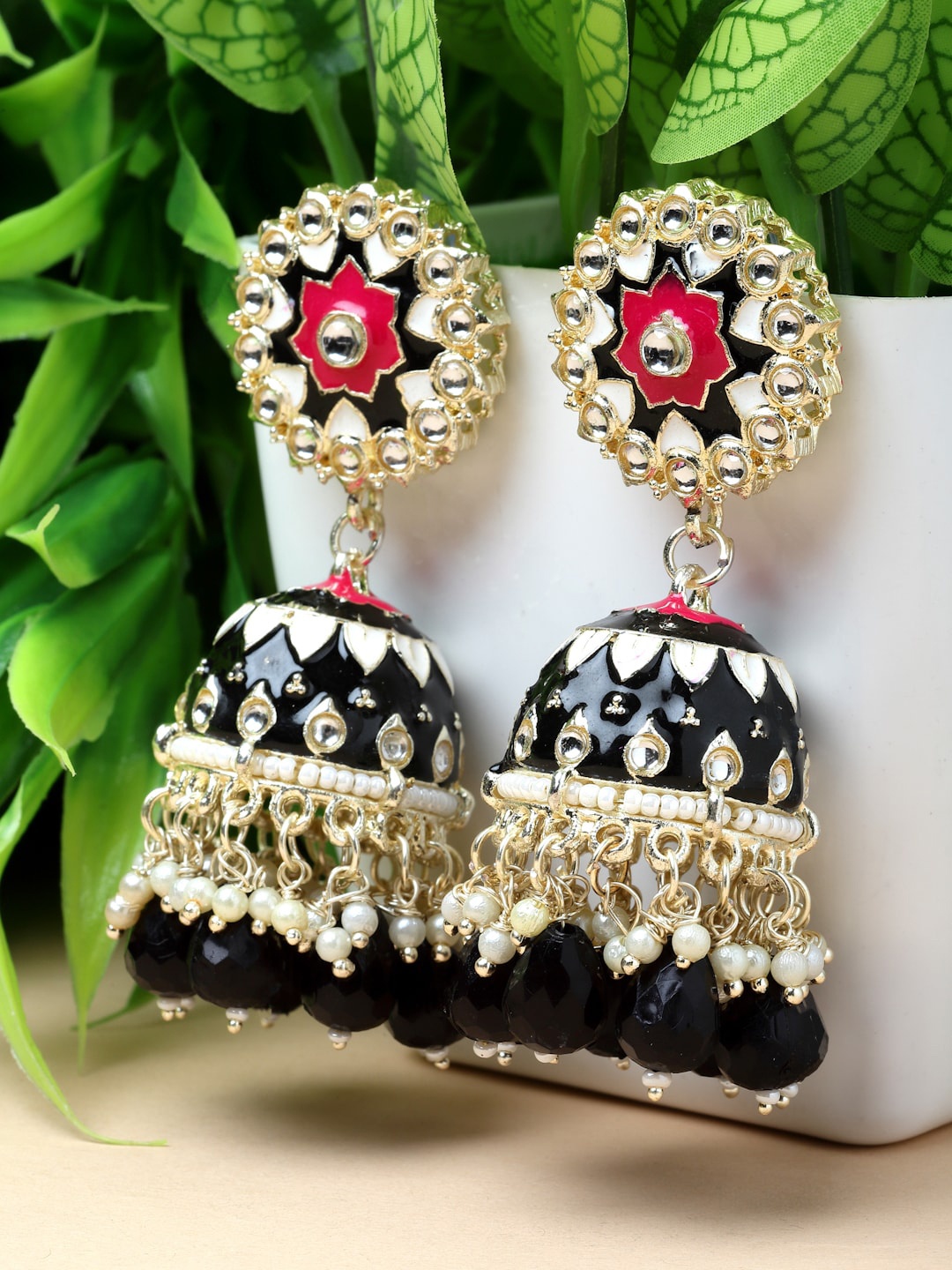 

Kennice Gold Plated Dome Shaped Kundan Studded & Beaded Jhumkas