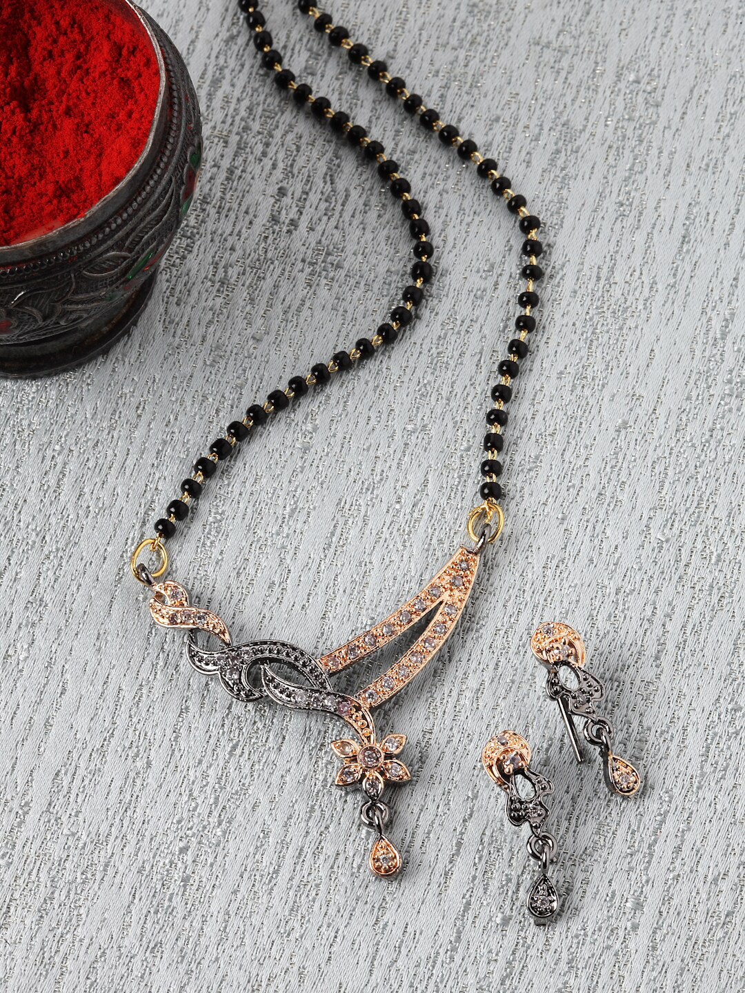 

Kennice Rose Gold-Plated Stone-Studded & Beaded Mangalsutra With Earrings