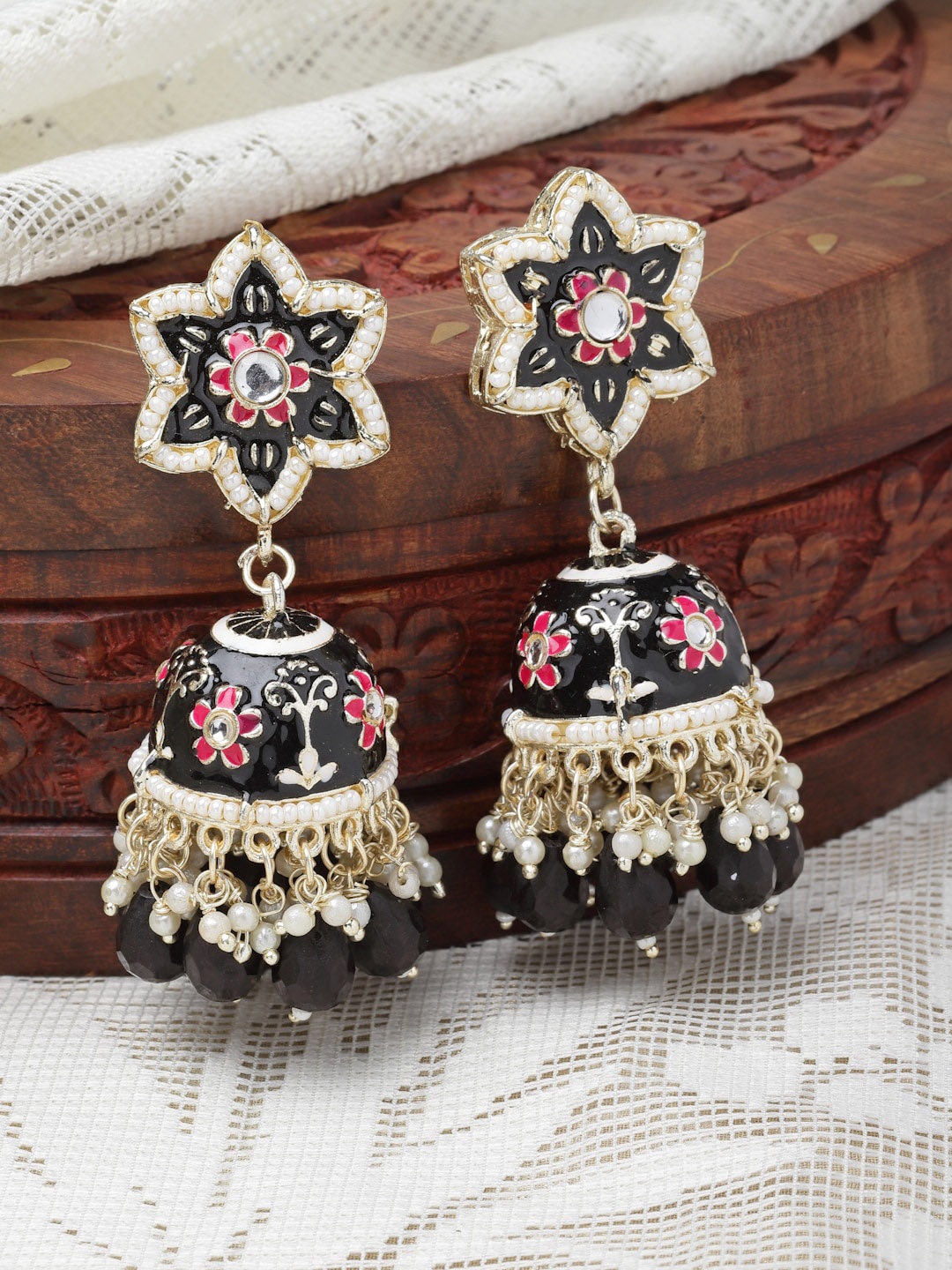 

Kennice Gold-Plated Dome Shaped Kundan-Pearls studded Jhumkas