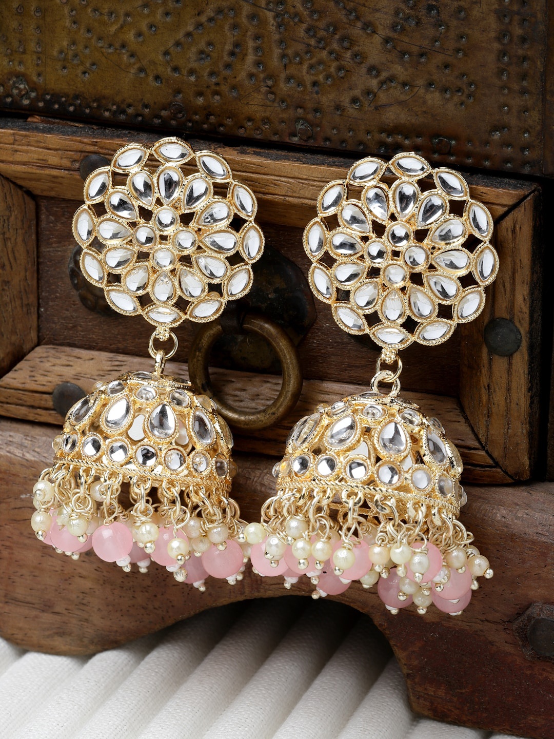 

Kennice Gold-Plated Dome Shaped Jhumkas Earrings, Pink
