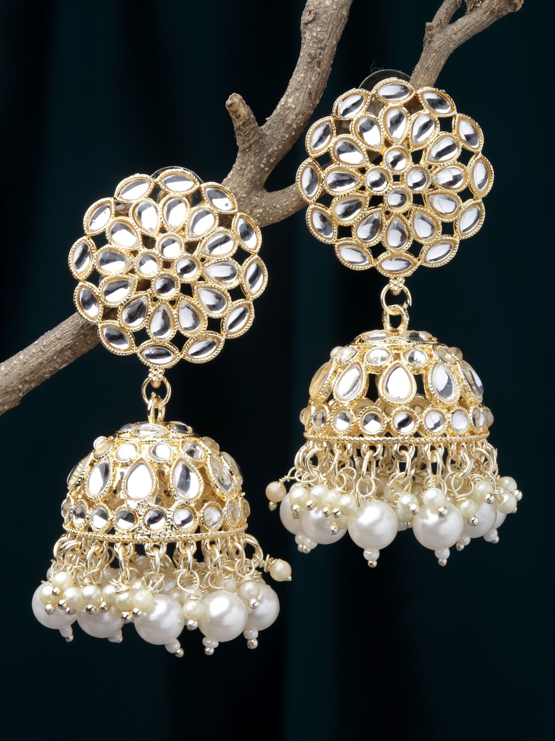 

Kennice Gold-Plated Dome Shaped Kundan & Pearls studded Jhumkas