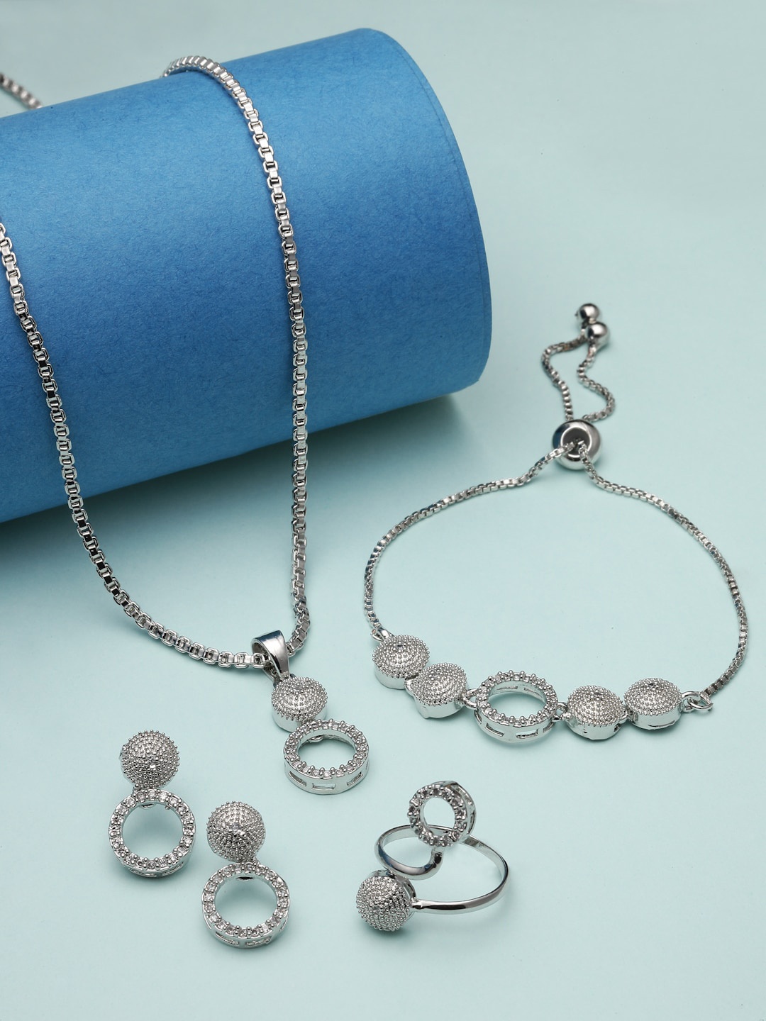 

Kennice Rhodium-Plated American Diamond Studded Jewellery Set, Silver
