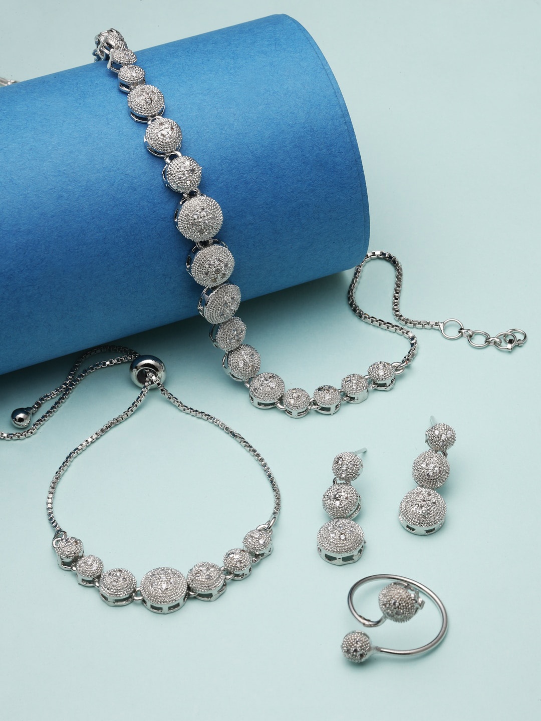 

Kennice Rhodium-Plated American-Diamond Studded Jewellery Set, Silver