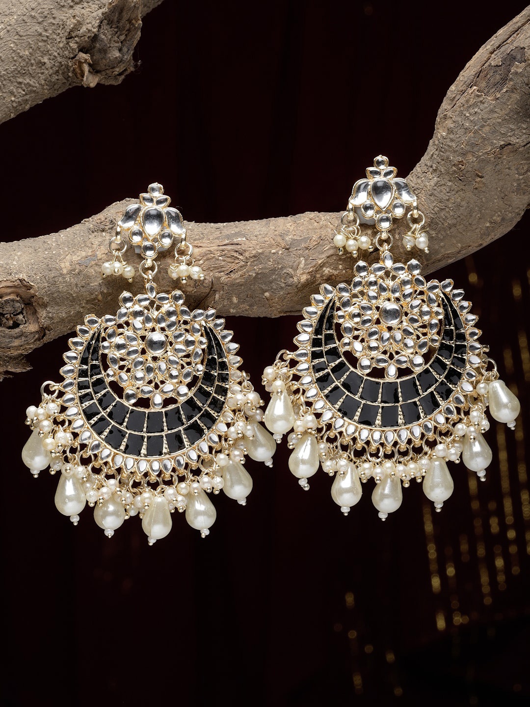 

Kennice Gold-Plated Crescent Shaped Kundan Studded Chandbalis