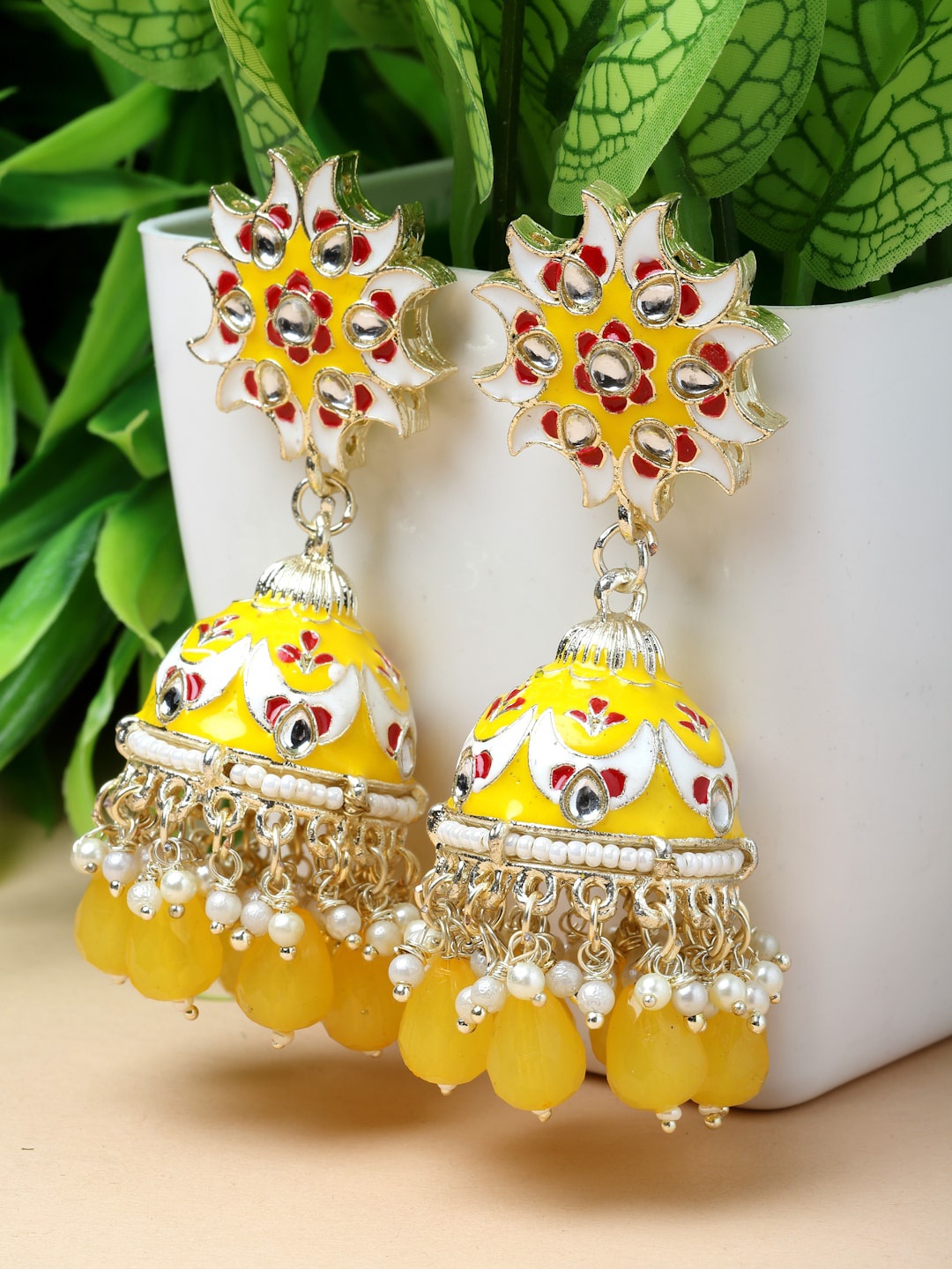 

Kennice Gold-Plated Dome Shaped Kundan-Pearls studded Jhumkas