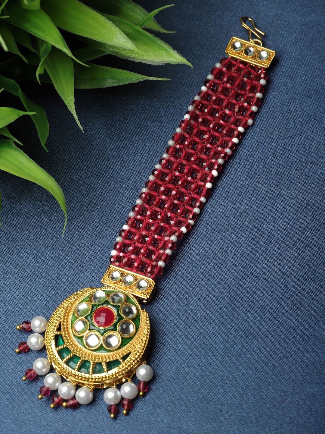 

Kennice Gold-Plated Stone-Studded & Pearl Beaded Meenakari Crescent Shaped Maang Tikka