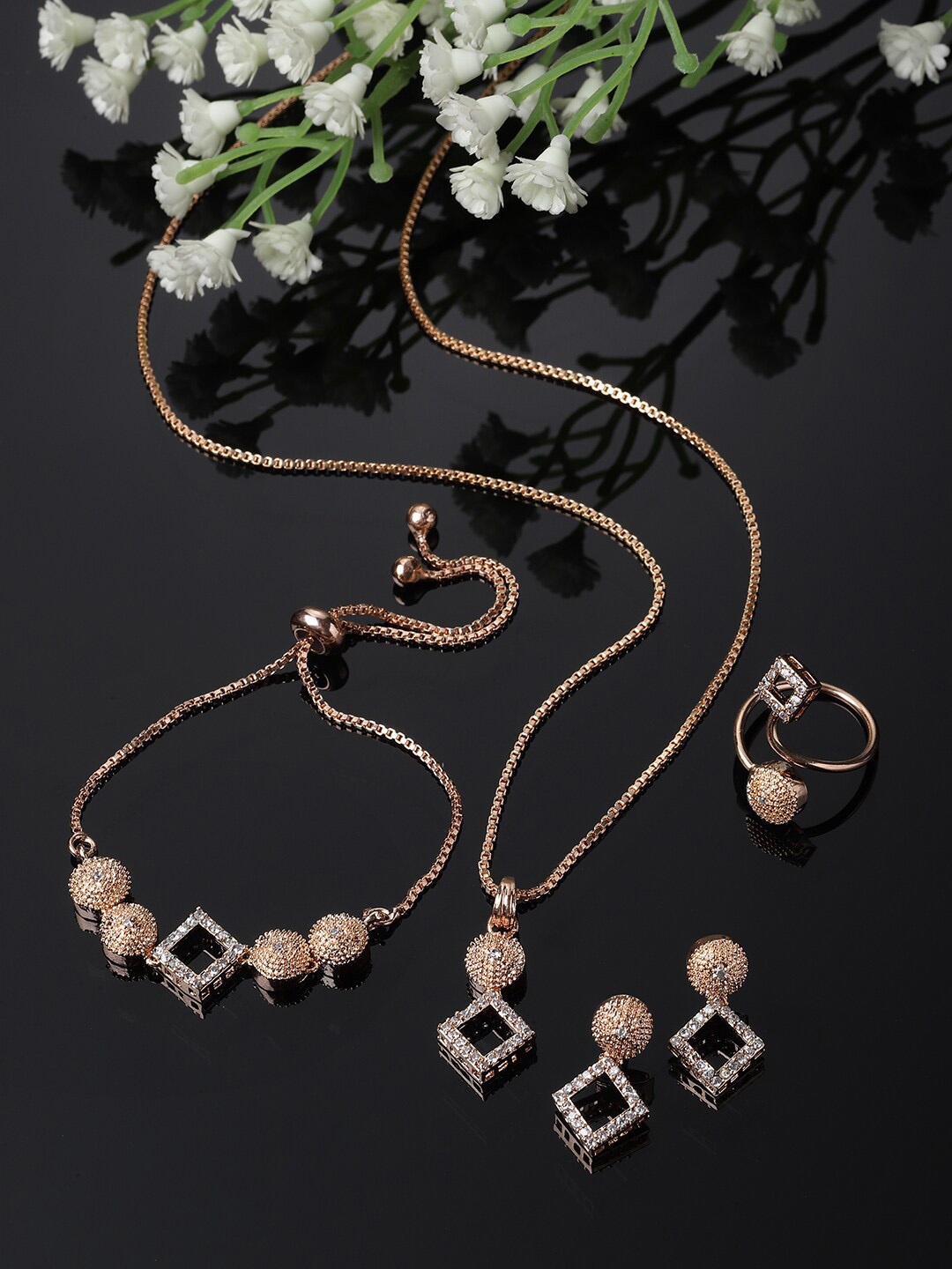 

Kennice Rose Gold-Plated AD-Studded & Beaded Jewellery Set