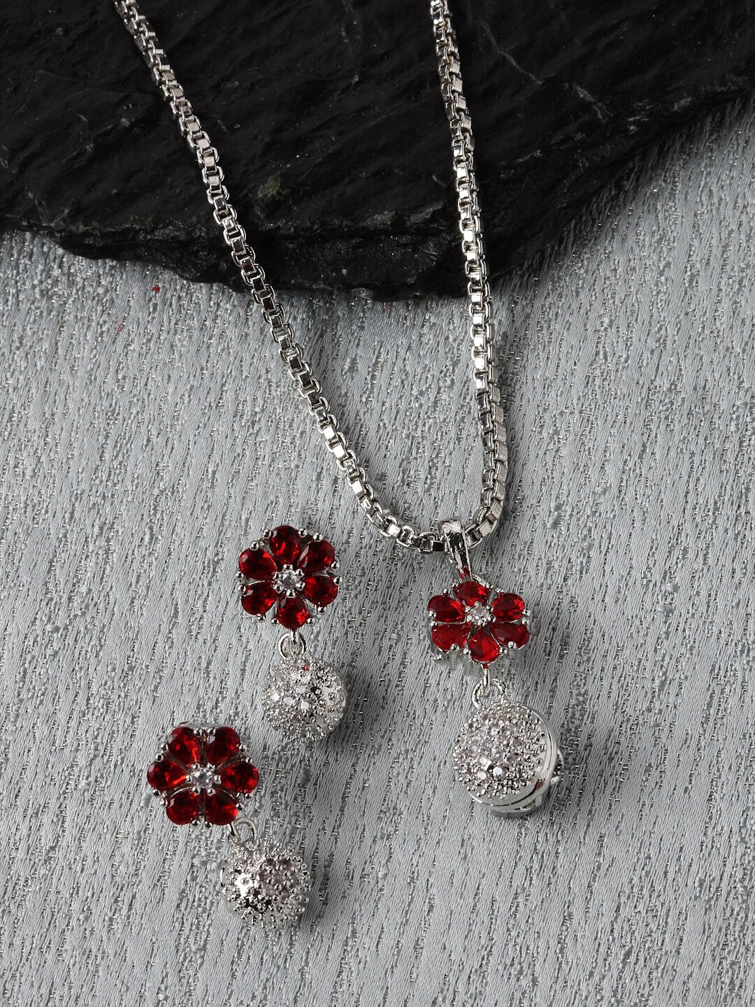 

Kennice Rhodium-Plated CZ studded Floral Pendant with Earrings, Red