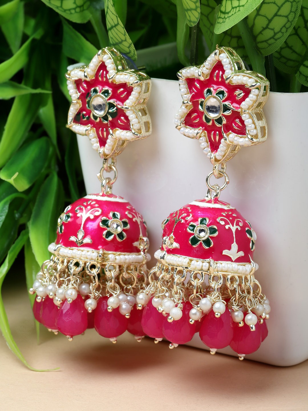 

Kennice Gold-Plated Dome Shaped Jhumkas Earrings, Pink