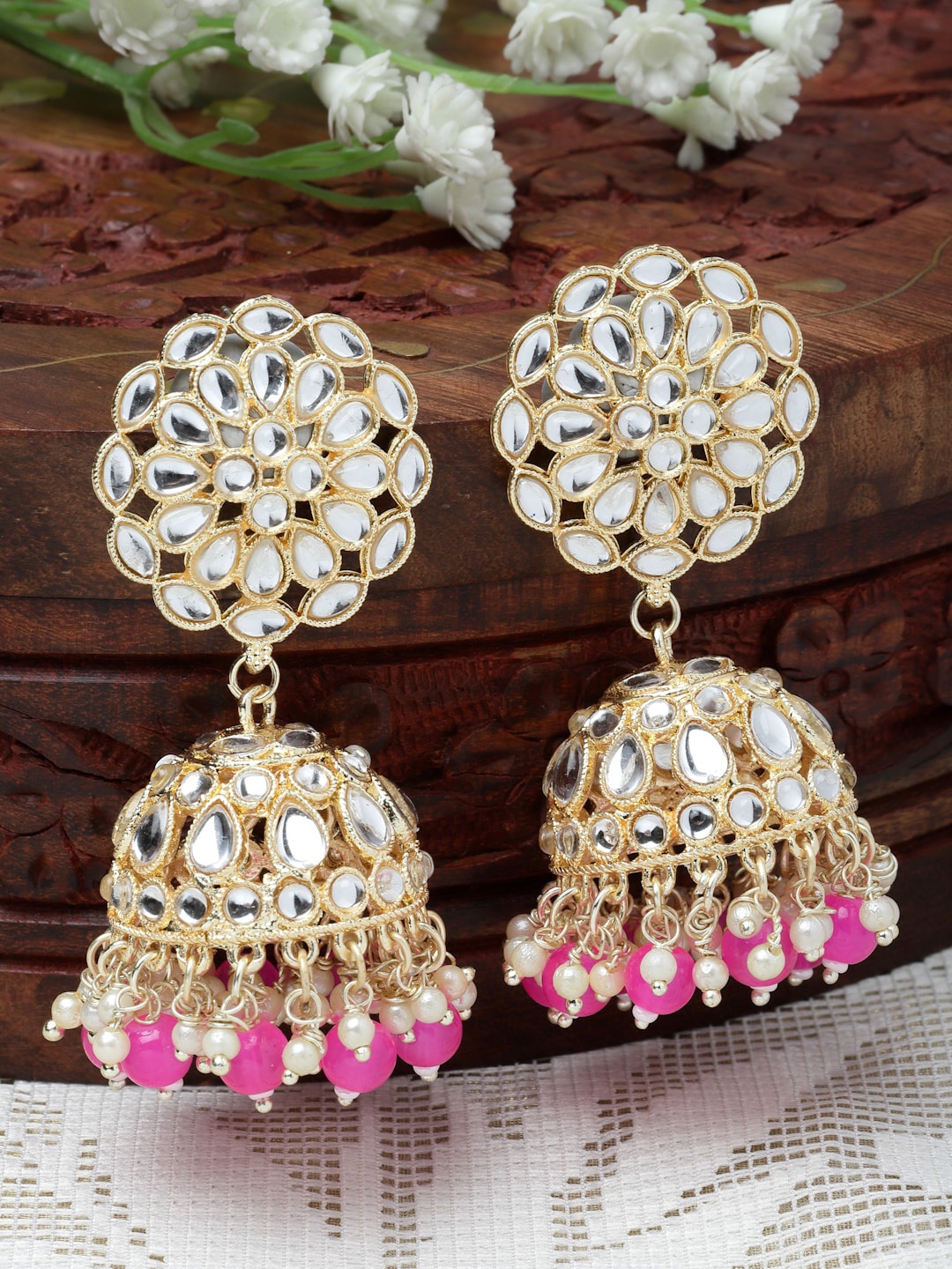 

Kennice Gold-Plated Dome Shaped Kundan Jhumkas Earrings