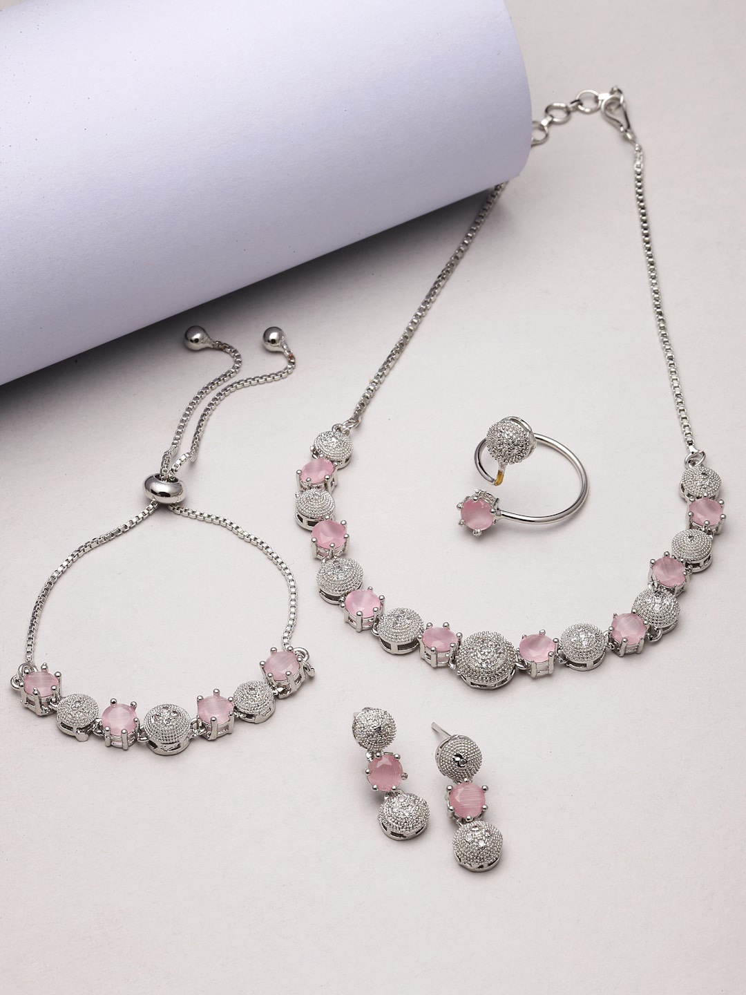 

Kennice Rhodium-Plated American Diamond Studded Jewellery Set, Silver