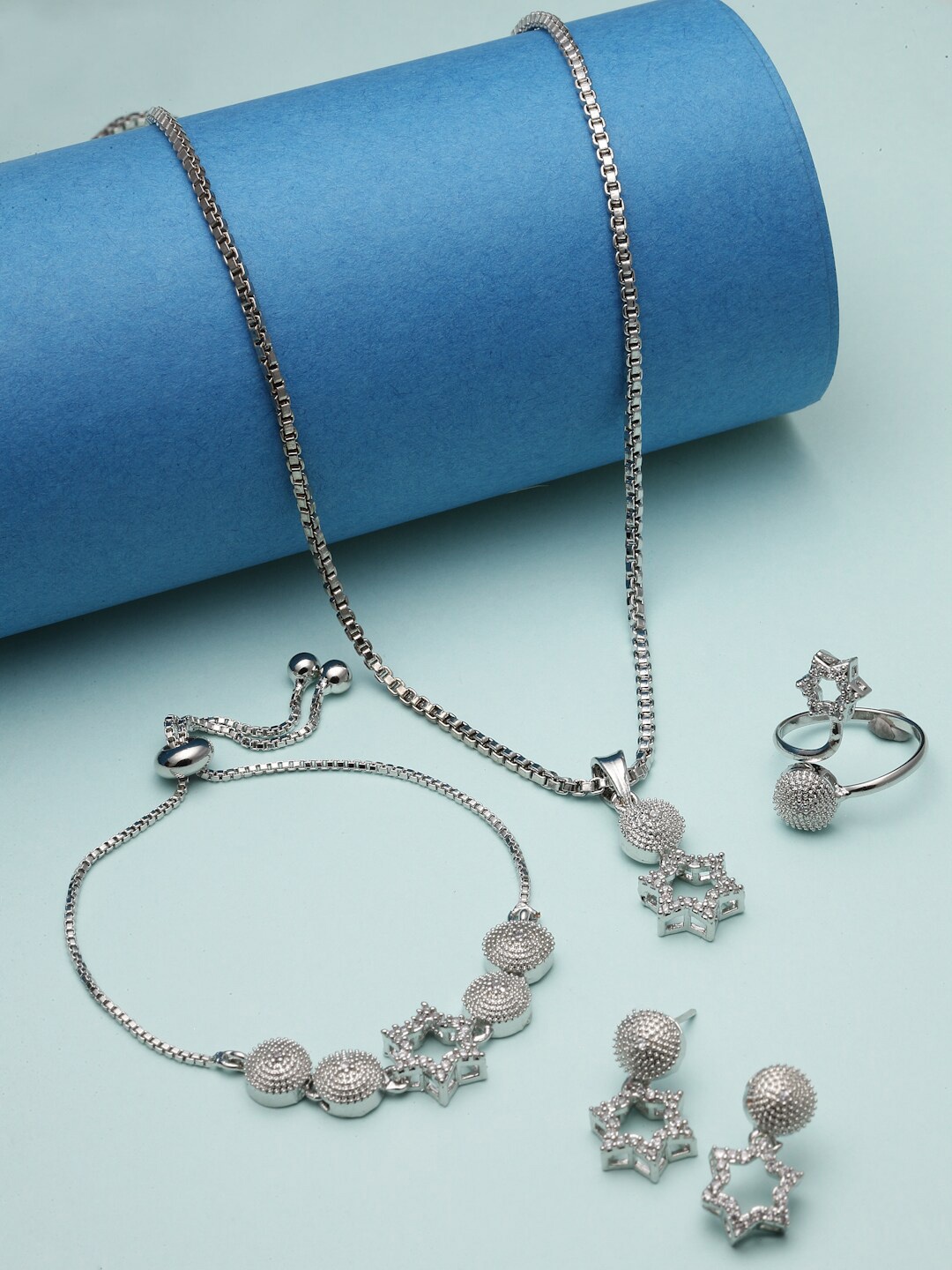 

Kennice Rhodium-Plated American Diamond Studded Jewellery Set, Silver