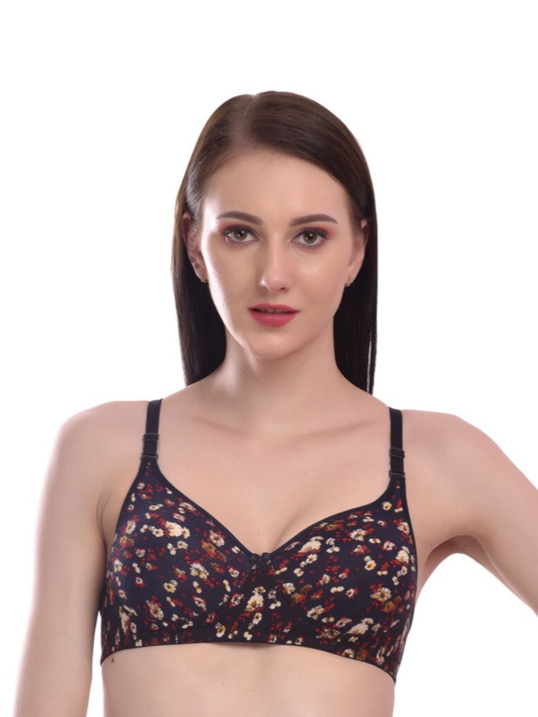 

SASHU Floral Printed Full Coverage Lightly Padded Seamless Cups Cotton Bra, Black