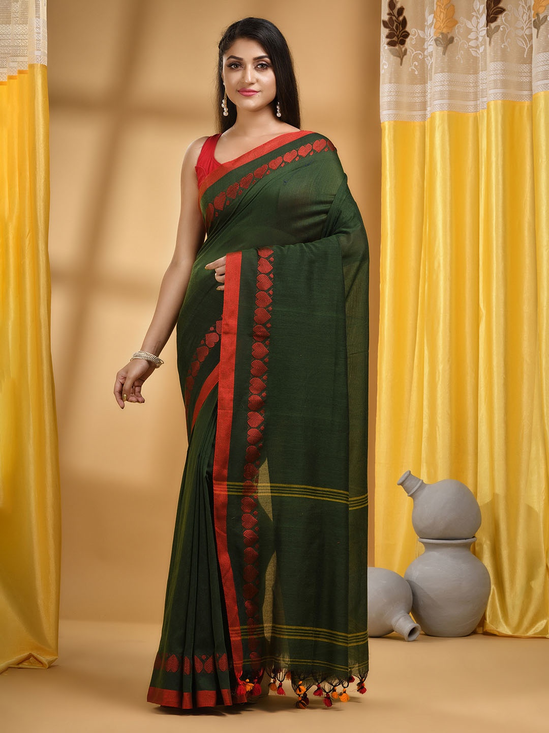 

DESH BIDESH Bengali Zari Pure Cotton Handloom Taant Saree, Green