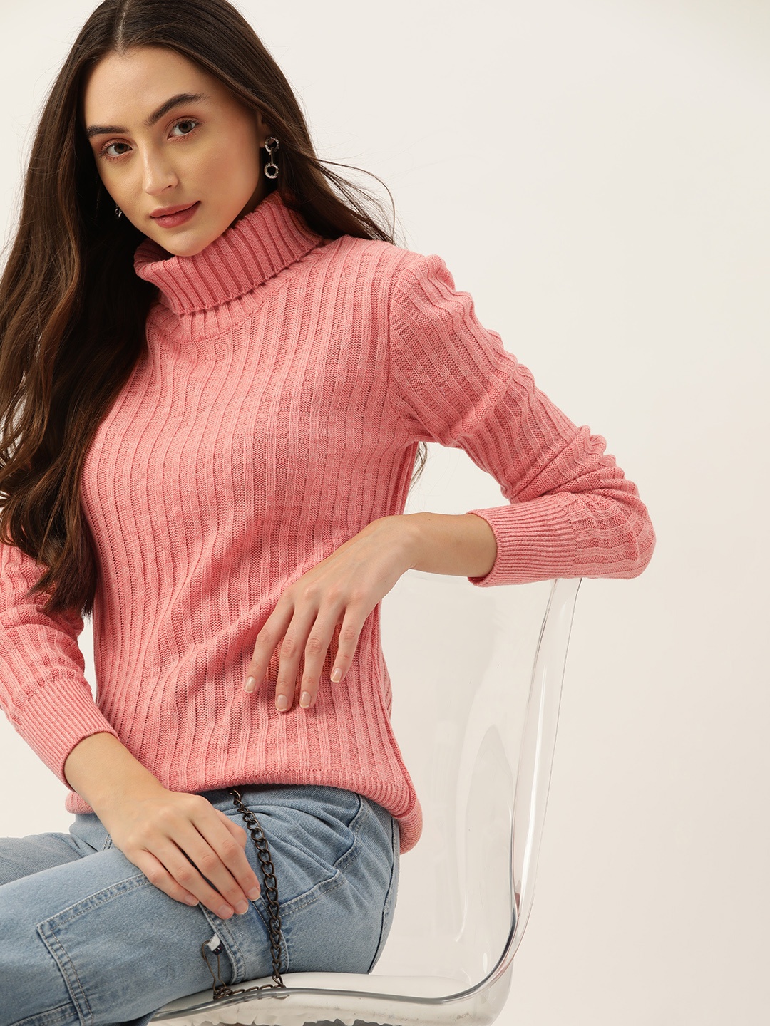 

DressBerry Women Acrylic Ribbed Turtle Neck Pullover, Peach