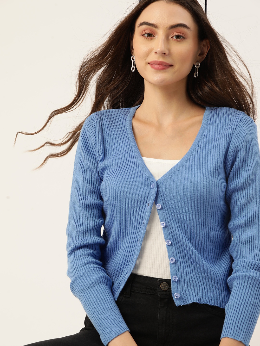 

DressBerry Women Acrylic Ribbed Crop Cardigan, Blue