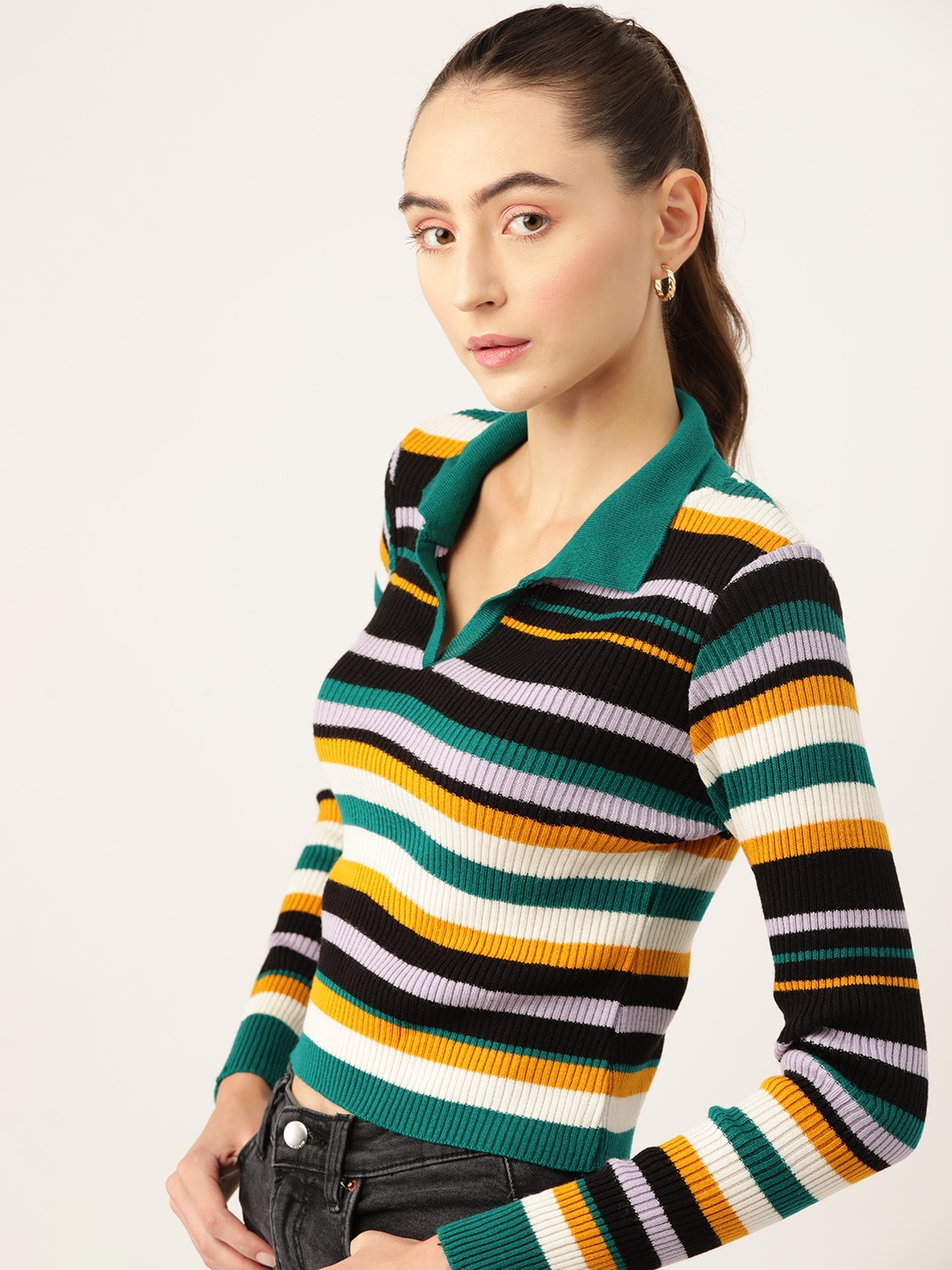 

DressBerry Shirt Collar Acrylic Striped Pullover, Green
