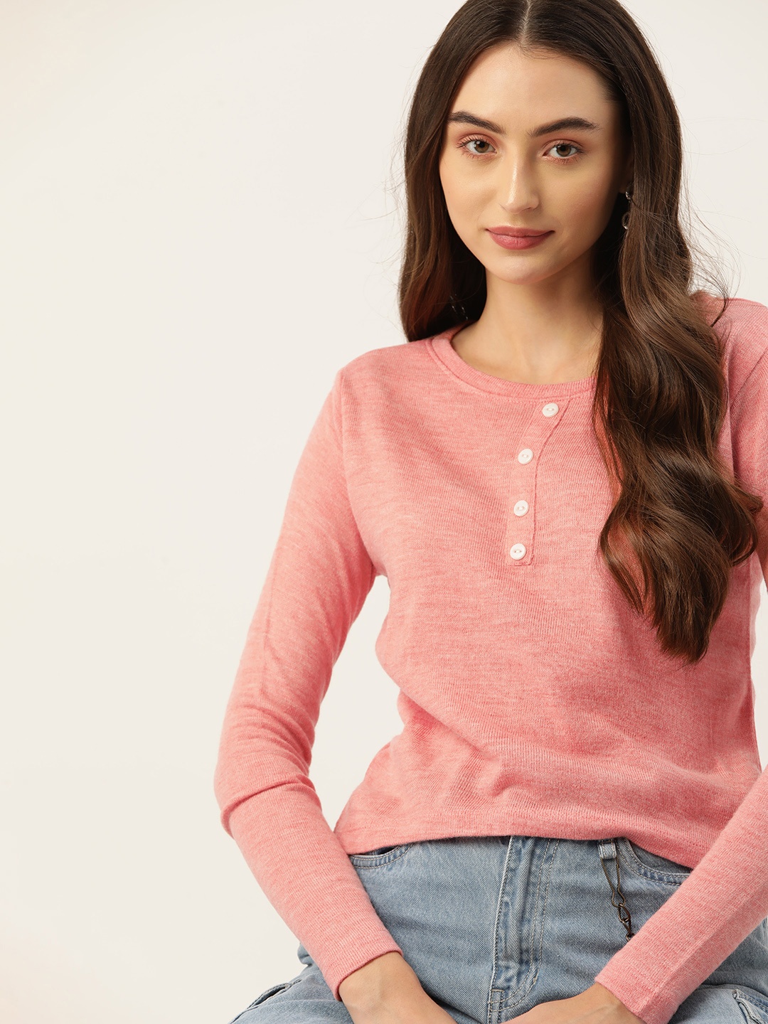 

DressBerry Women Acrylic Button Detail Pullover, Peach