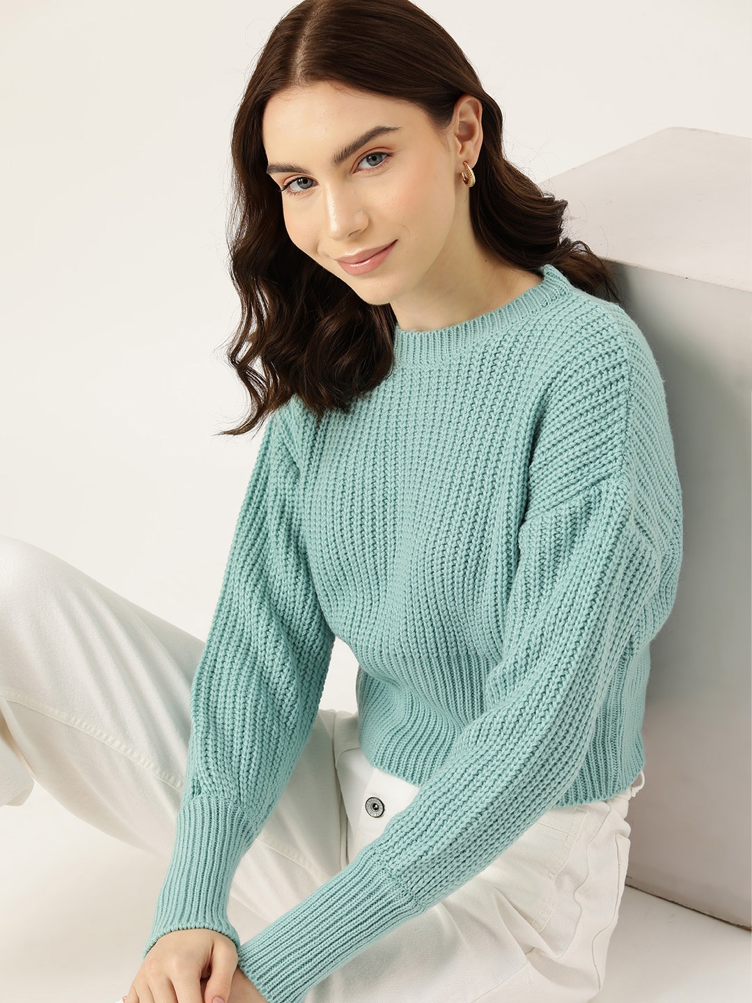 

DressBerry Drop-Shoulder Sleeves Acrylic Pullover, Sea green