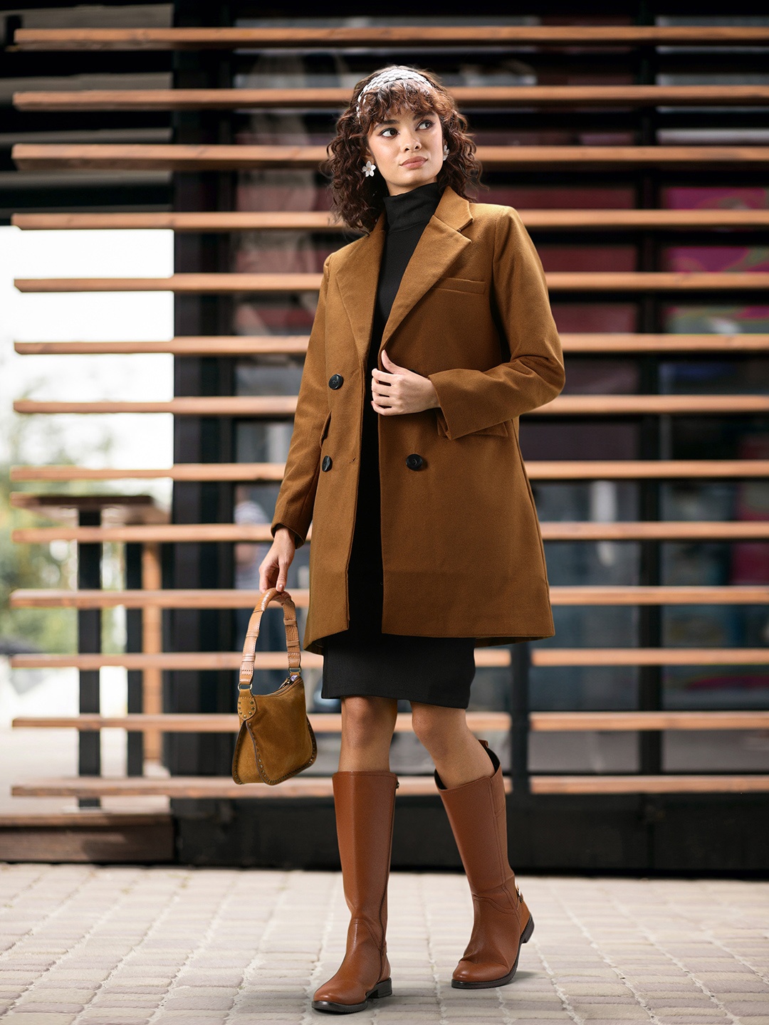 

DressBerry Double-Breasted Longline Pea Coat, Brown