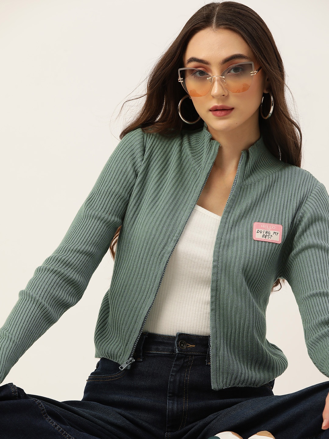 

DressBerry Women Zip Closure Acrylic Cardigan, Green