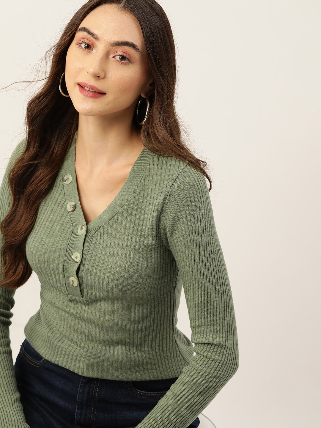 

DressBerry Women Button Detail Acrylic Pullover, Green