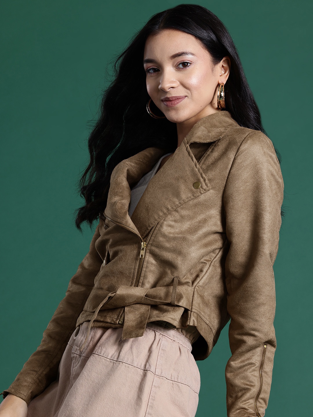 

DressBerry Suede Finish Tie-Up Biker Jacket, Khaki