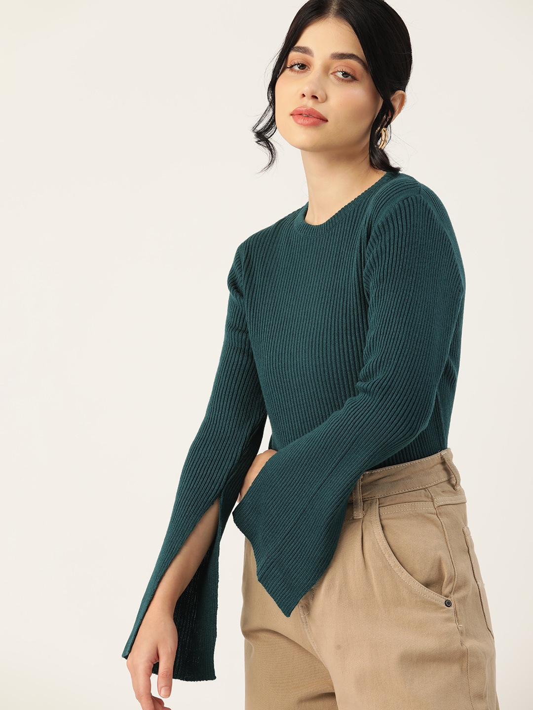 

DressBerry Pure Acrylic Ribbed Pullover, Green