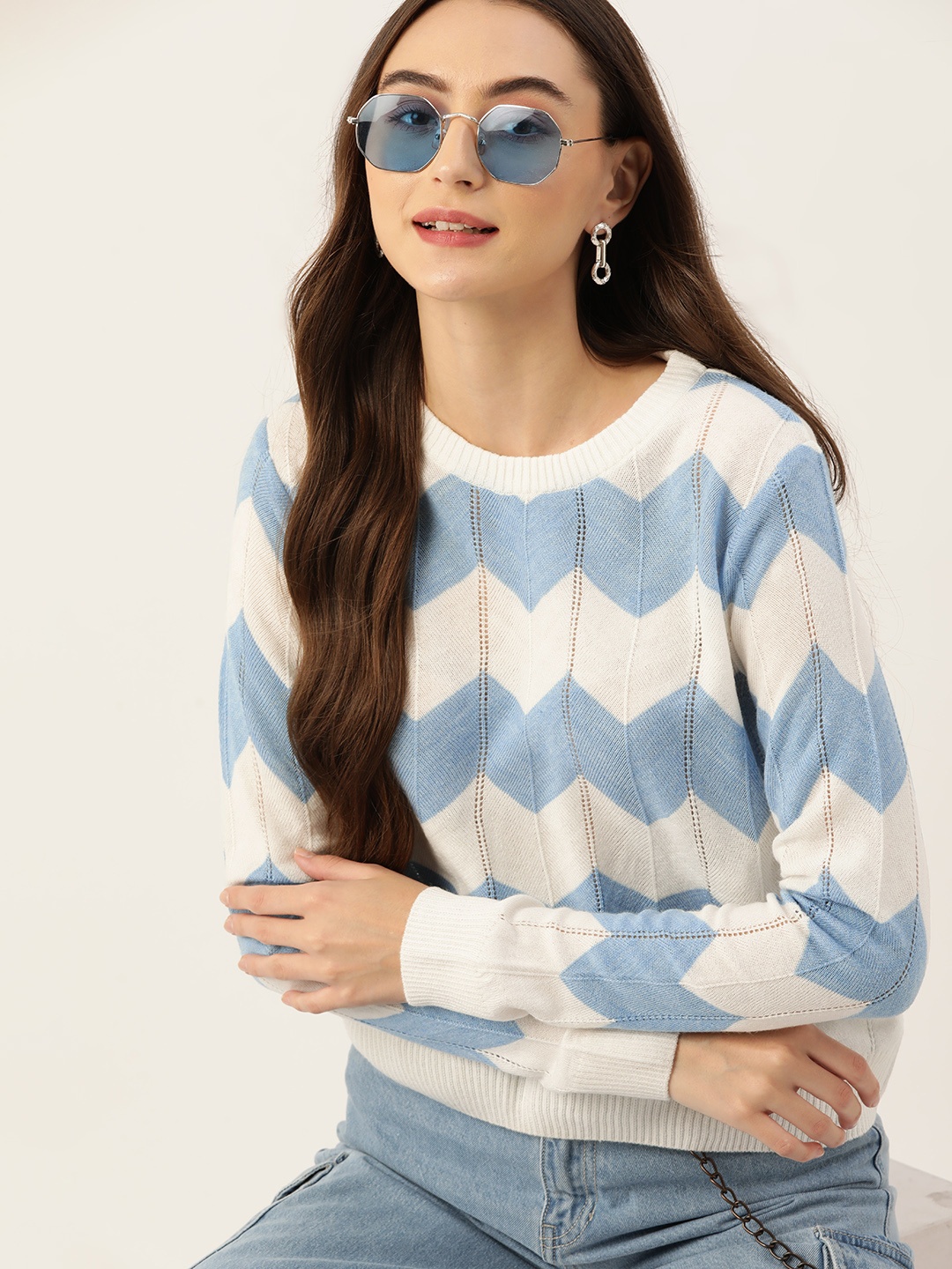 

DressBerry Women Acrylic Chevron Patterned Pullover, White