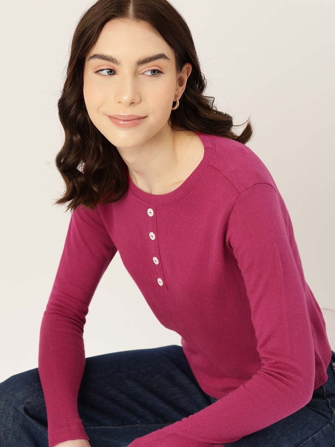 

DressBerry Henley Neck Acrylic Pullover, Fuchsia