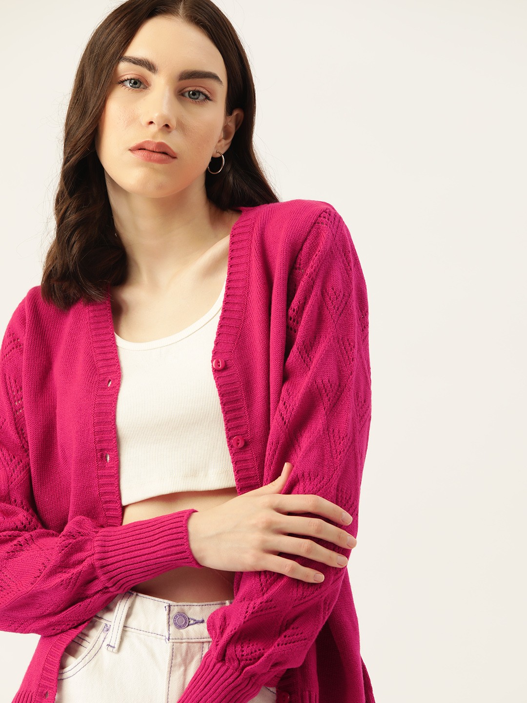 

DressBerry Women Self Design Cardigan, Pink