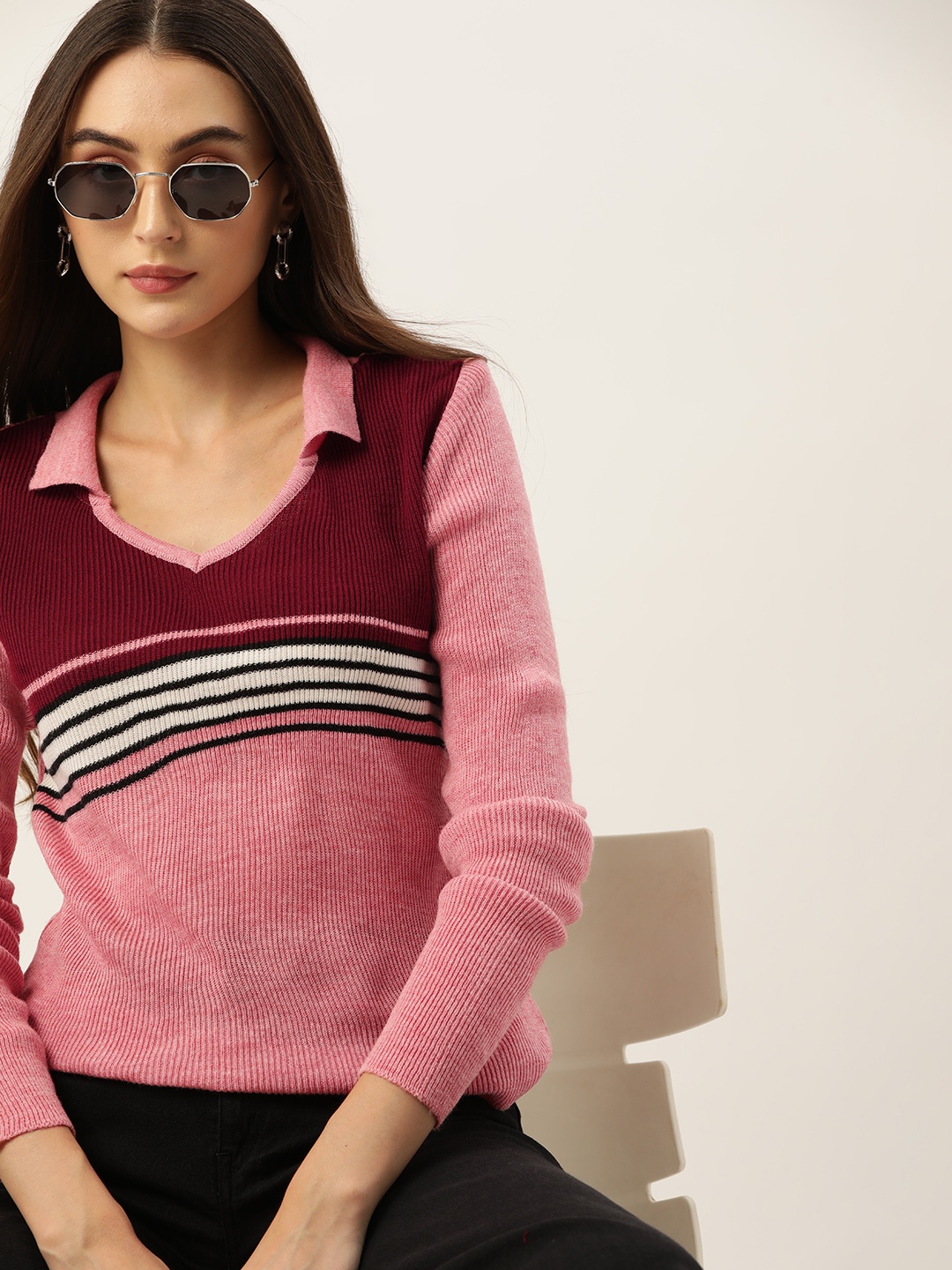 

DressBerry Women Acrylic Striped Pullover, Pink