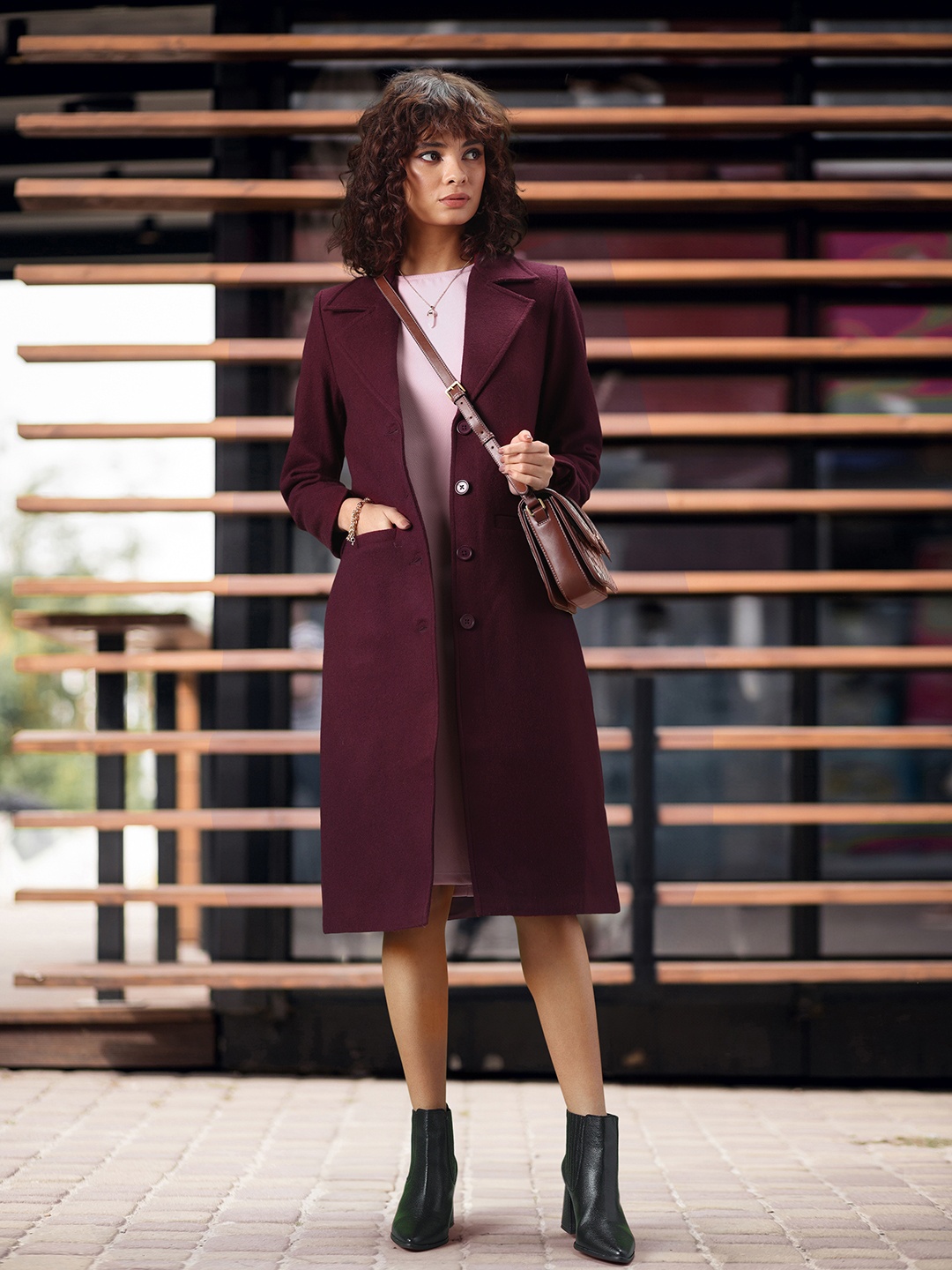 

DressBerry Notched Lapel Longline Overcoat, Maroon