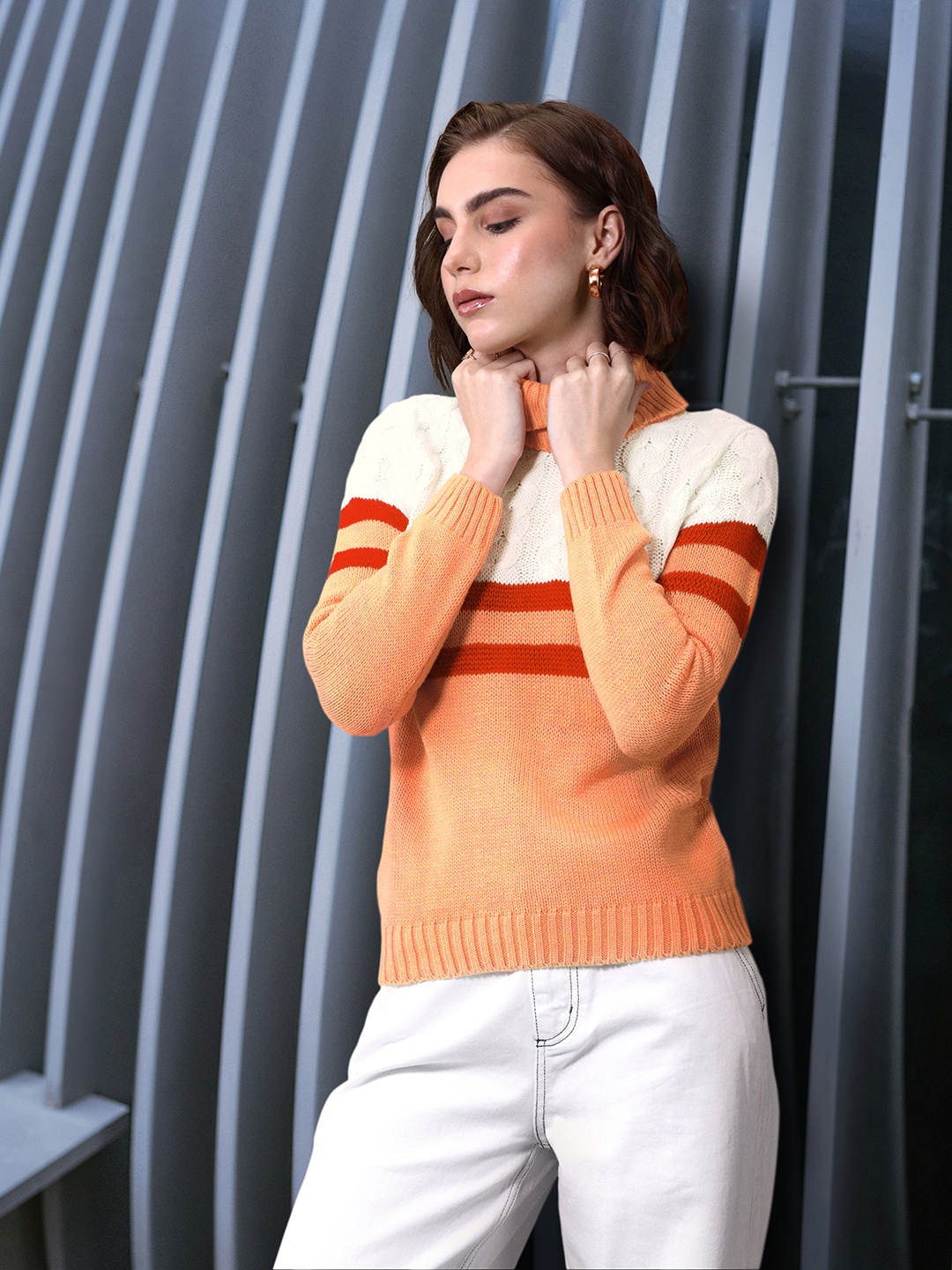 

DressBerry Women Cable Knit Colourblocked Acrylic Pullover, Peach