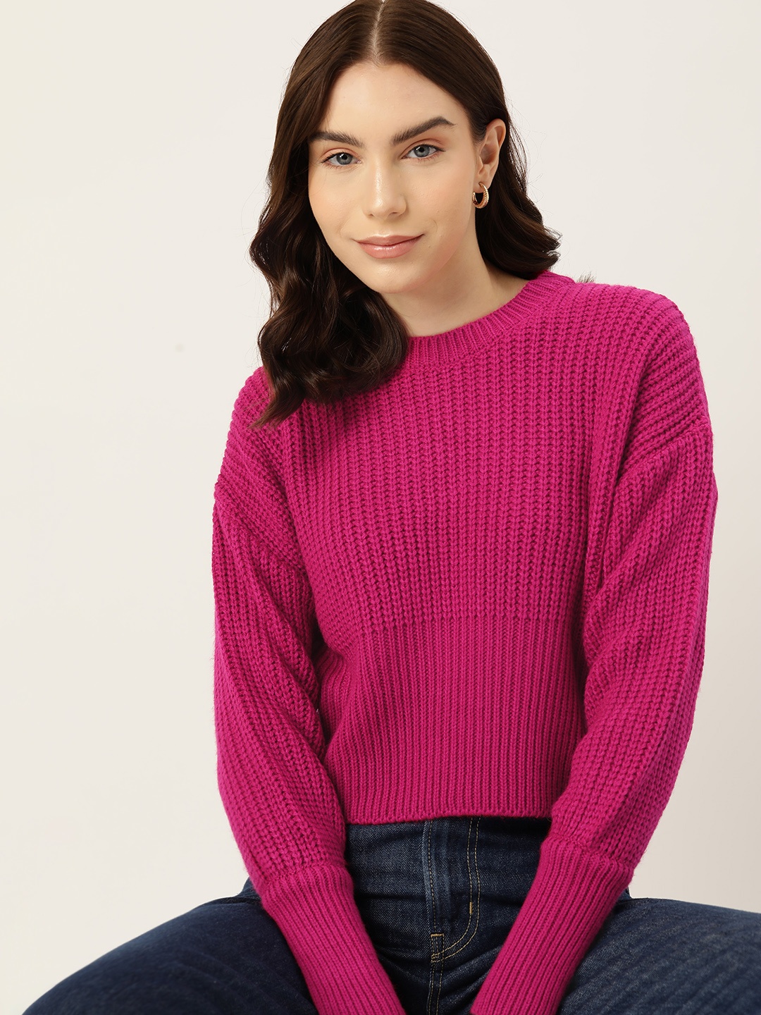 

DressBerry Drop-Shoulder Sleeves Acrylic Pullover, Fuchsia