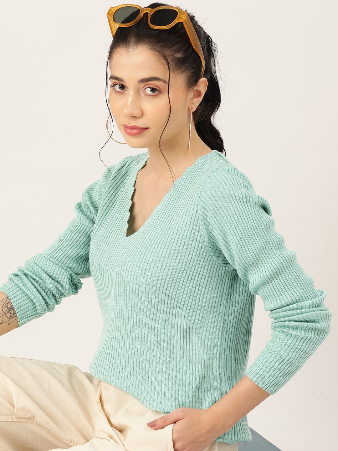 

DressBerry Women V-Neck Ribbed Pullover, Sea green