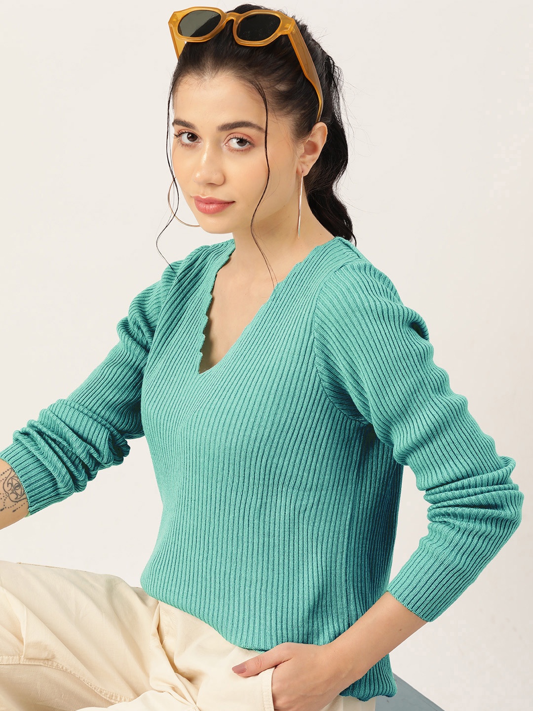 

DressBerry Women V-Neck Ribbed Pullover, Sea green