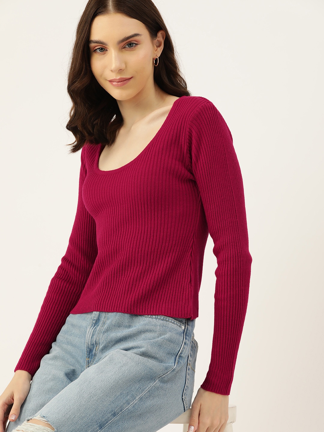 

DressBerry Women Ribbed Scoop Neck Acrylic Pullover, Magenta