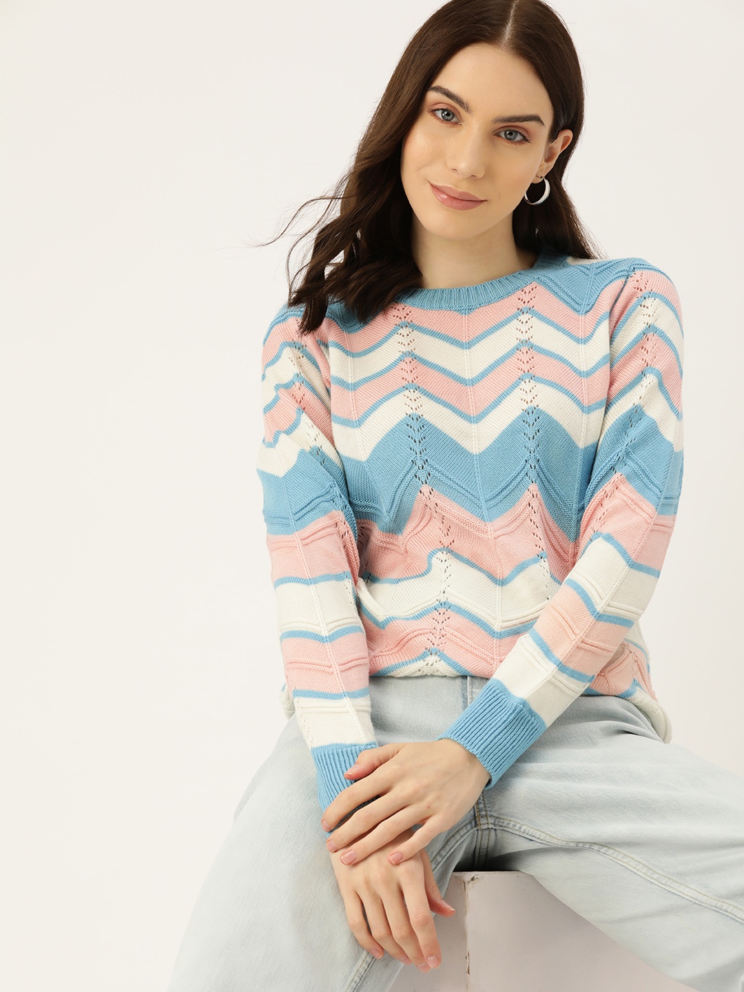 

DressBerry Chevron Open Knit Acrylic Pullover, Blue