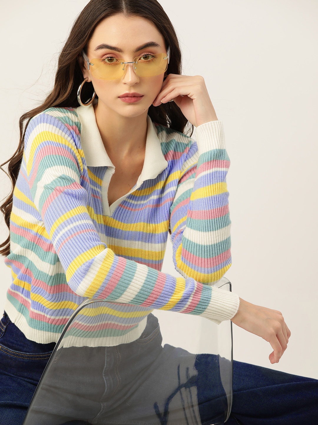 

DressBerry Striped Pattern Ribbed Acrylic Pullover, White